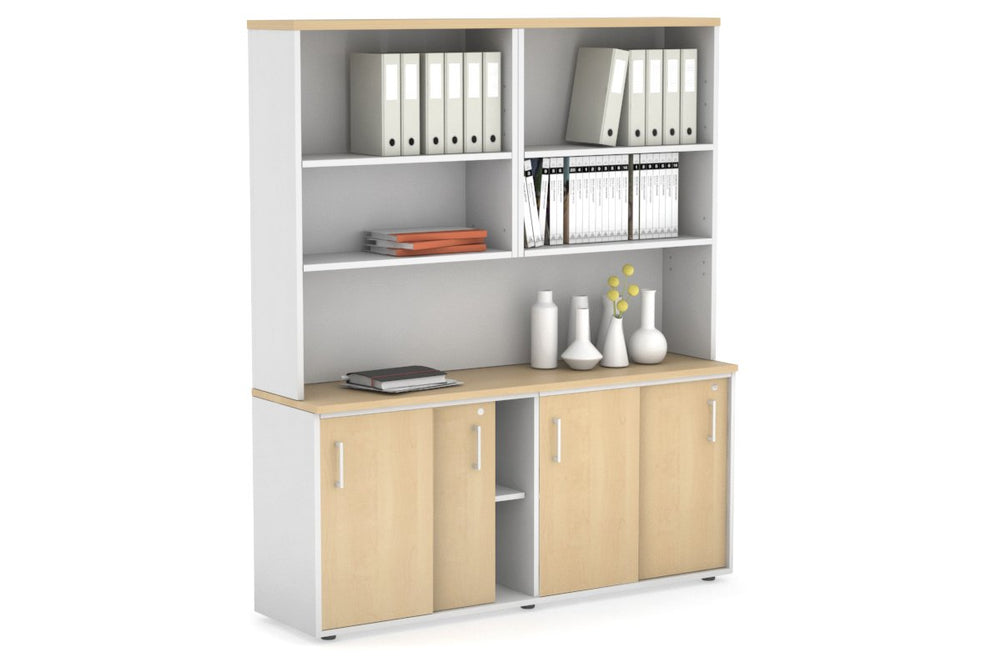 Uniform Sliding Door Credenza with Open Hutch [1600W x 750H x 450D]-White maple white handle