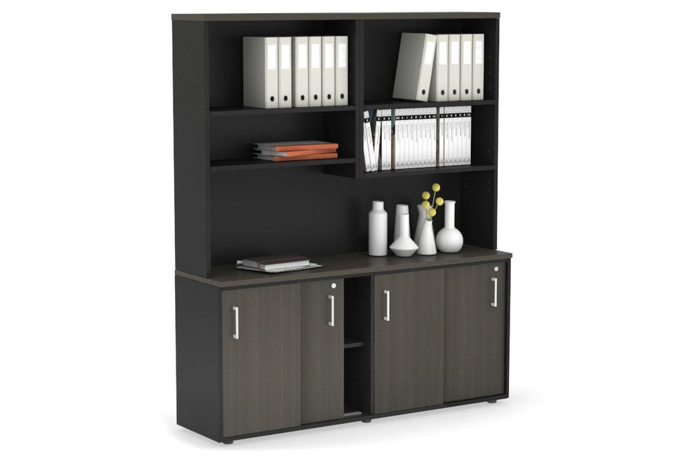 Uniform Sliding Door Credenza with Open Hutch [1600W x 750H x 450D]-Black dark oak black handle