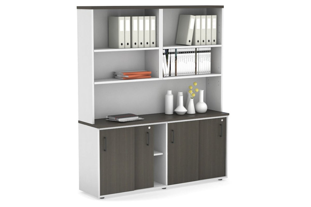 Uniform Sliding Door Credenza with Open Hutch [1600W x 750H x 450D]-White dark oak black handle
