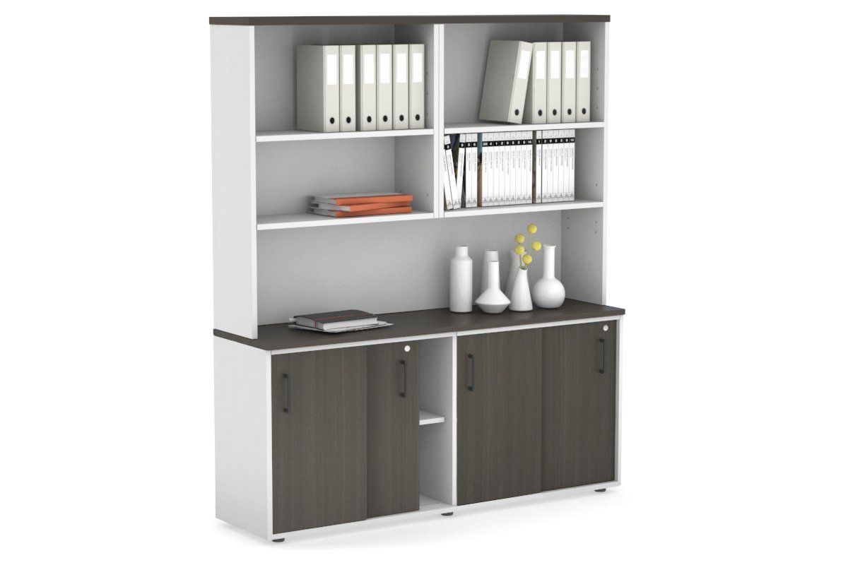 Uniform Sliding Door Credenza with Open Hutch [1600W x 750H x 450D] Jasonl White dark oak black handle