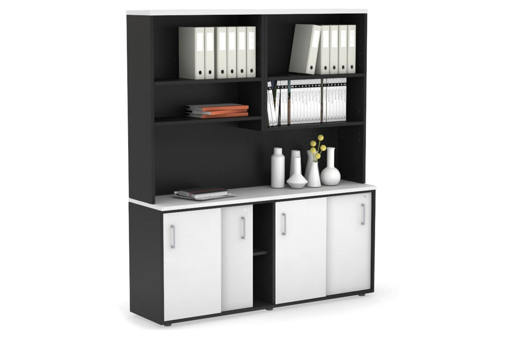 Uniform Sliding Door Credenza with Open Hutch [1600W x 750H x 450D]-Black dark oak black handle