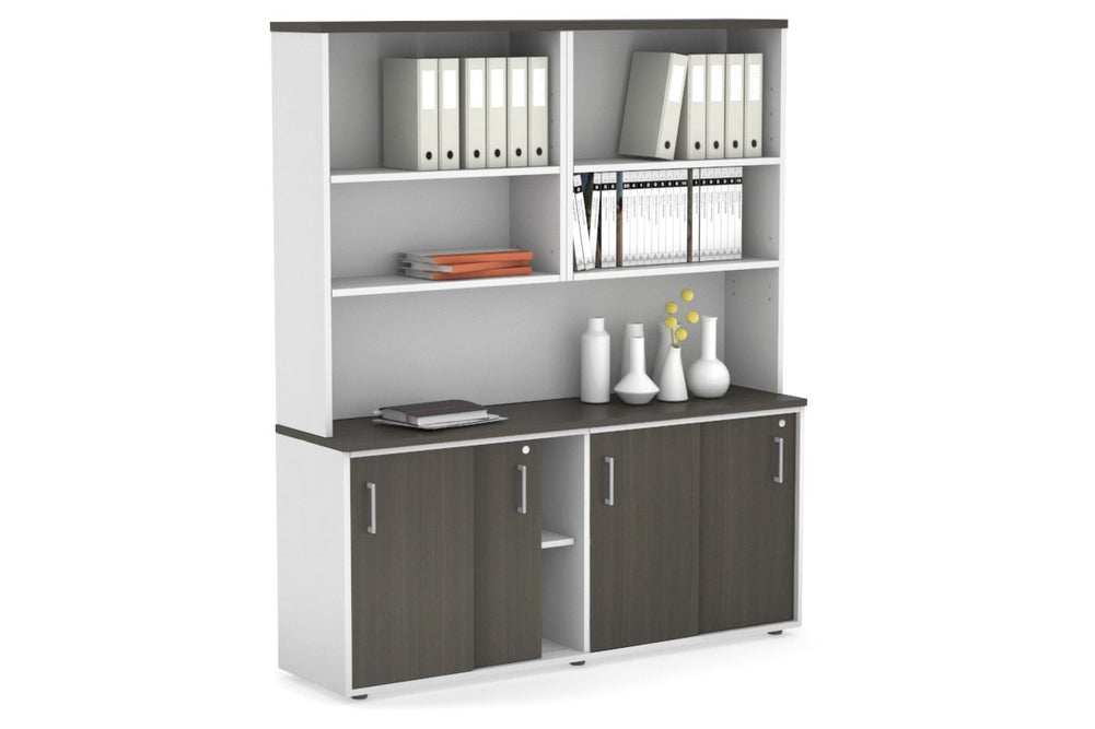Uniform Sliding Door Credenza with Open Hutch [1600W x 750H x 450D]-White dark oak silver handle
