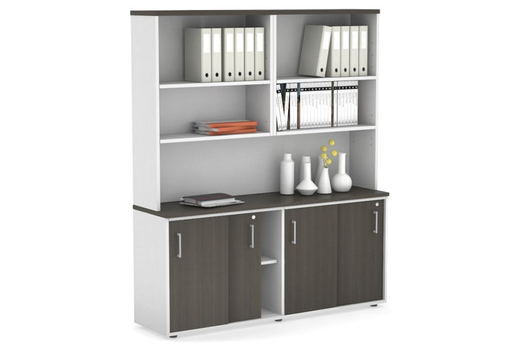 Uniform Sliding Door Credenza with Open Hutch [1600W x 750H x 450D] Jasonl White dark oak silver handle