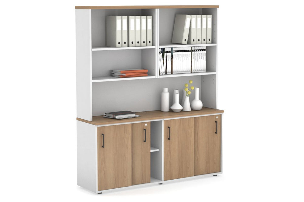 Uniform Sliding Door Credenza with Open Hutch [1600W x 750H x 450D]-White salvage oak black handle
