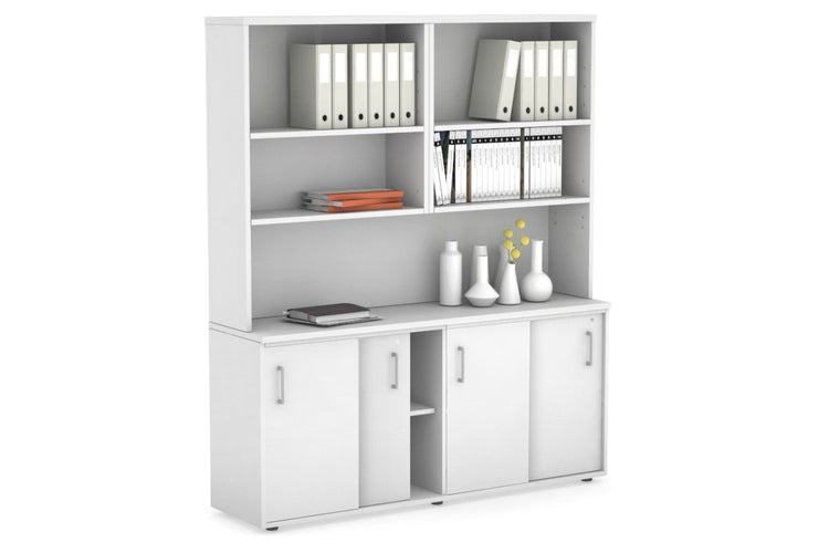 Uniform Sliding Door Credenza with Open Hutch [1600W x 750H x 450D] Jasonl White white silver handle