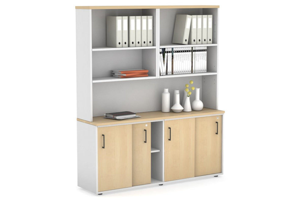 Uniform Sliding Door Credenza with Open Hutch [1600W x 750H x 450D]-White maple black handle