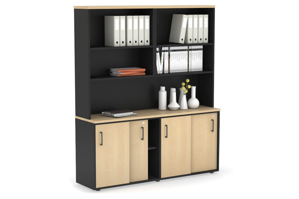 Uniform Sliding Door Credenza with Open Hutch [1600W x 750H x 450D]-Black maple black handle
