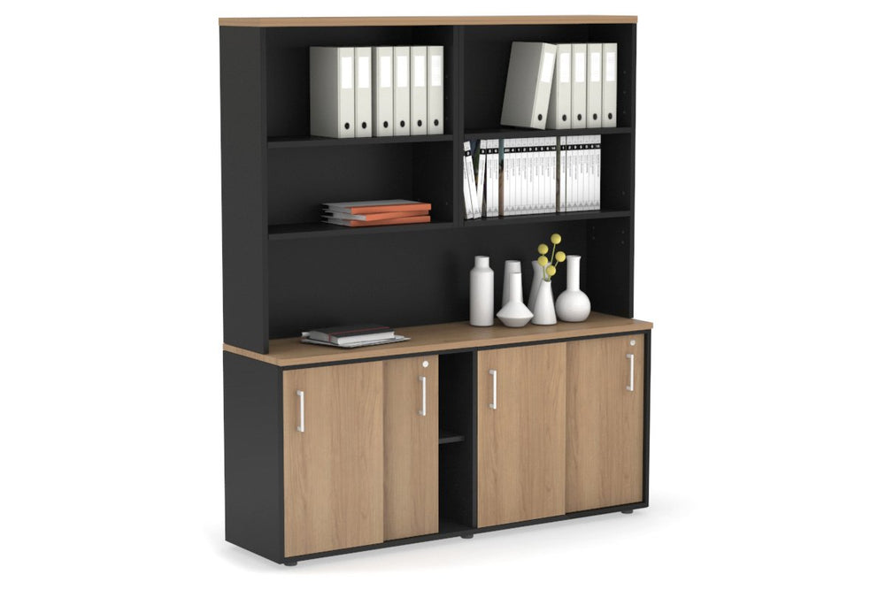Uniform Sliding Door Credenza with Open Hutch [1600W x 750H x 450D]-Black salvage oak white handle