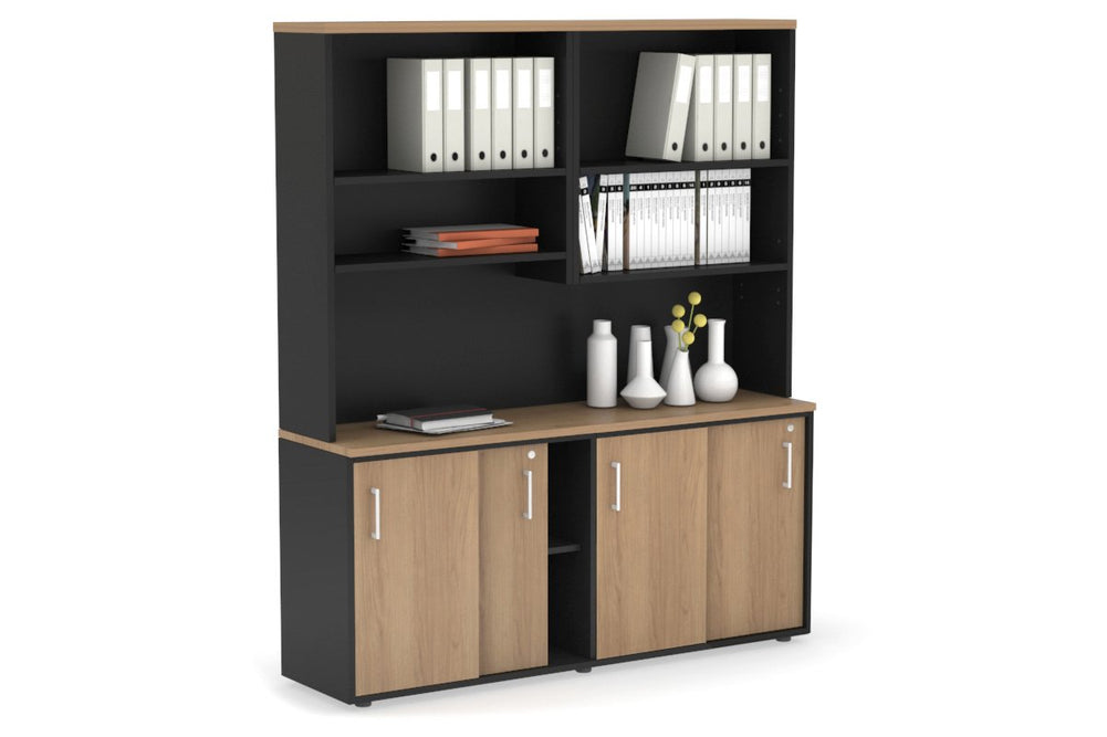 Uniform Sliding Door Credenza with Open Hutch [1600W x 750H x 450D]-Black dark oak black handle