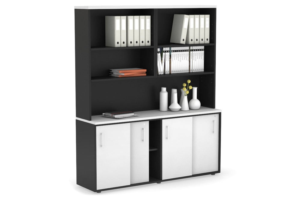 Uniform Sliding Door Credenza with Open Hutch [1600W x 750H x 450D]-Black white white handle