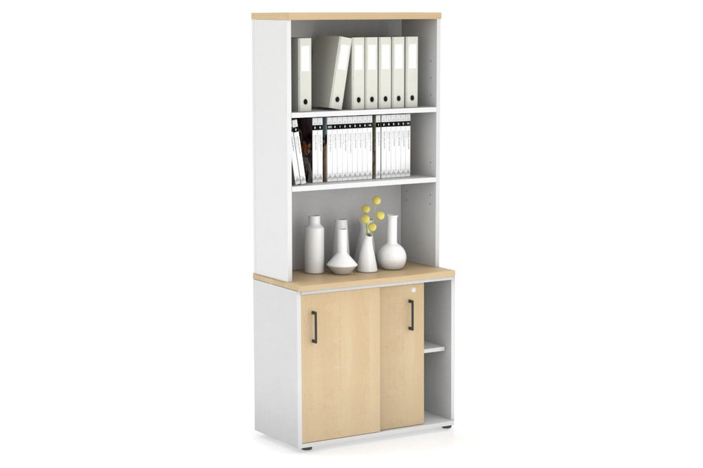 Uniform Sliding Door Credenza with Open Hutch [800W x 750H x 450D]-White maple black handle