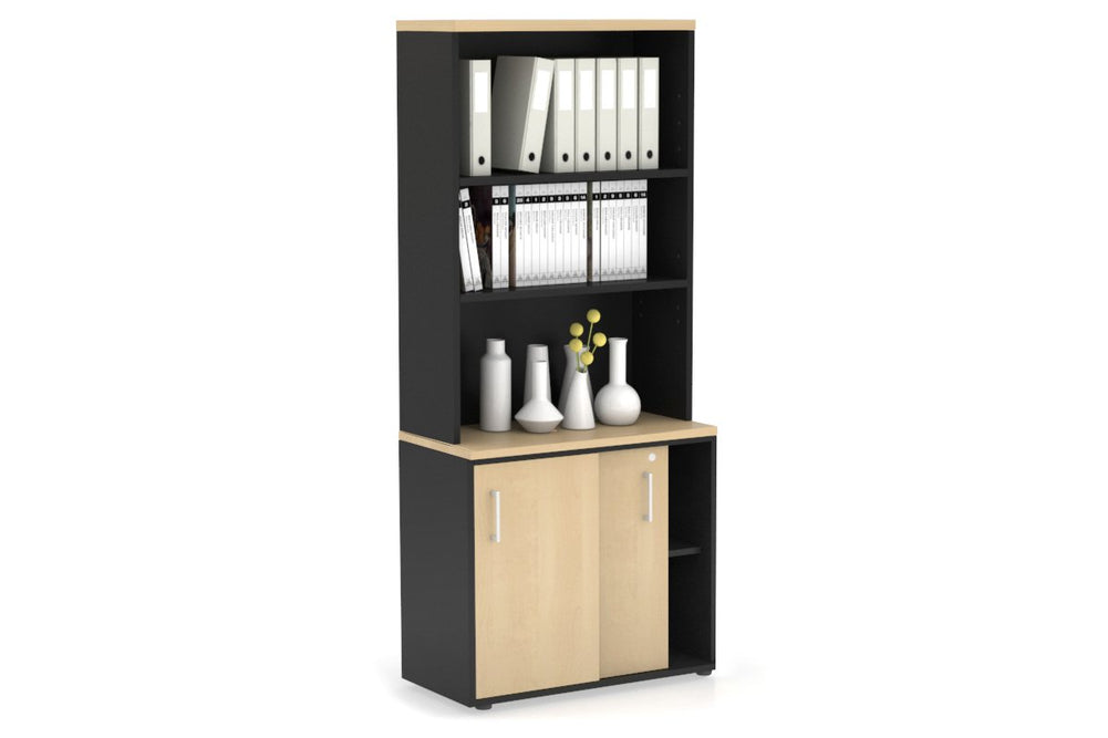 Uniform Sliding Door Credenza with Open Hutch [800W x 750H x 450D]-Black maple white handle