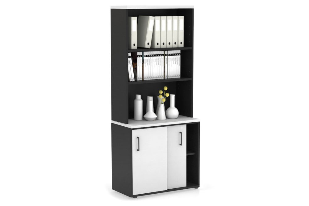 Uniform Sliding Door Credenza with Open Hutch [800W x 750H x 450D]-Black white black handle