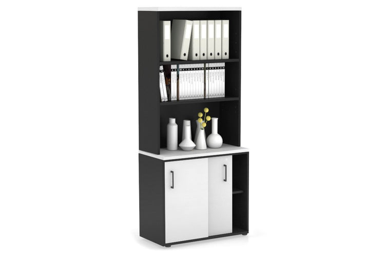 Uniform Sliding Door Credenza with Open Hutch [800W x 750H x 450D] Jasonl Black white black handle