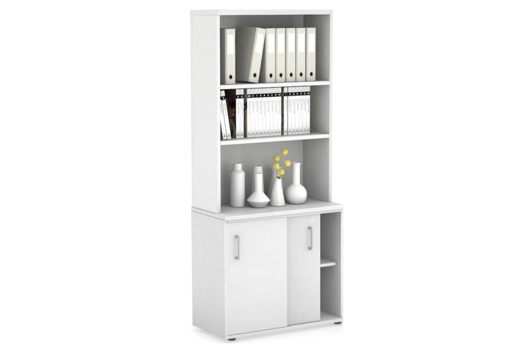 Uniform Sliding Door Credenza with Open Hutch [800W x 750H x 450D] Jasonl White white silver handle