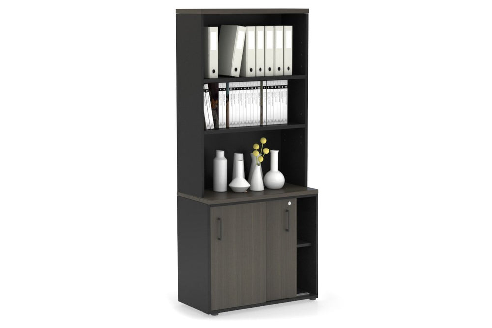 Uniform Sliding Door Credenza with Open Hutch [800W x 750H x 450D]-Black dark oak black handle