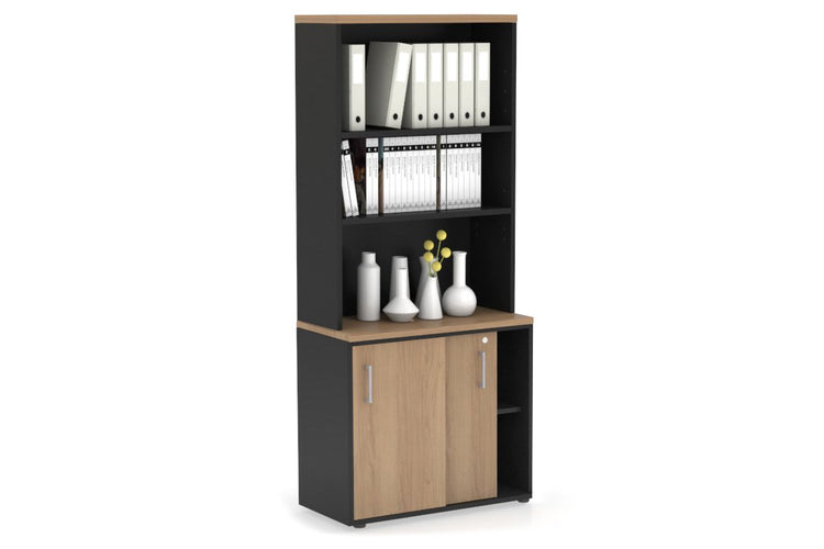 Uniform Sliding Door Credenza with Open Hutch [800W x 750H x 450D] Jasonl Black salvage oak silver handle