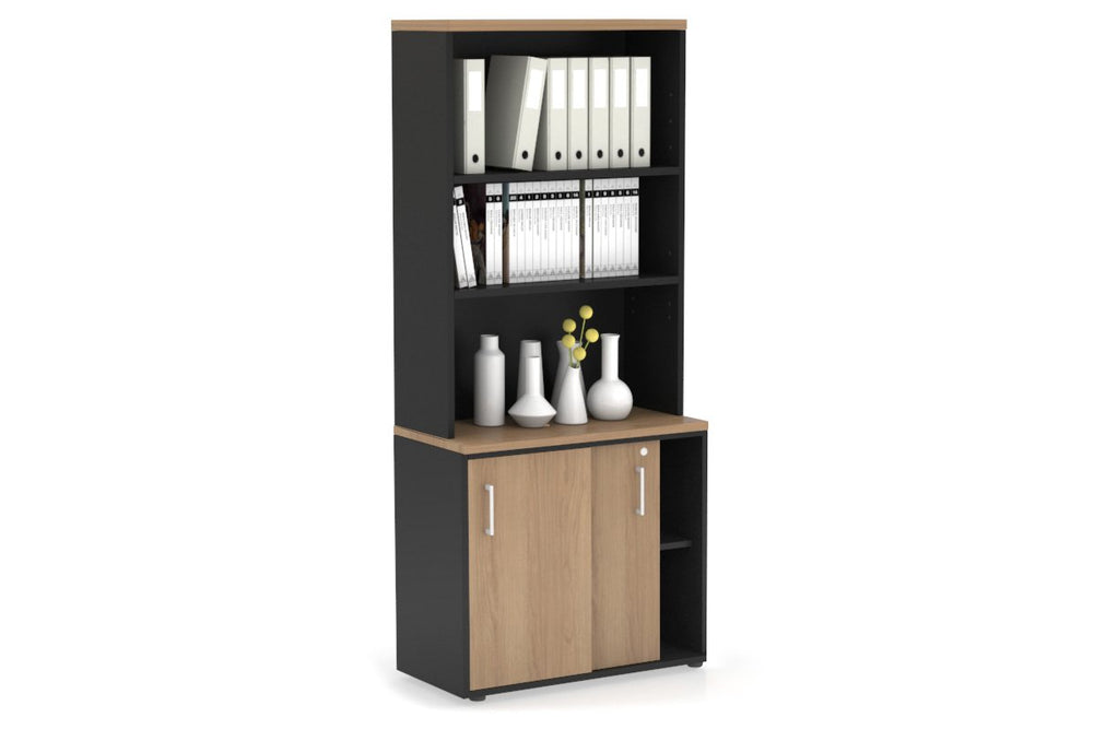 Uniform Sliding Door Credenza with Open Hutch [800W x 750H x 450D]-Black salvage oak white handle