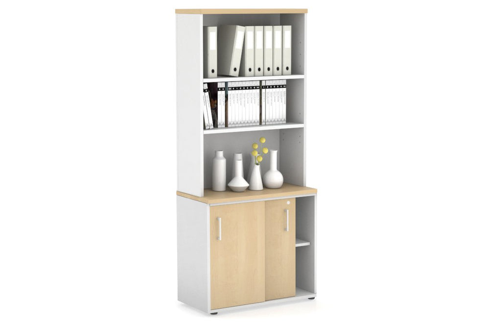 Uniform Sliding Door Credenza with Open Hutch [800W x 750H x 450D]-White maple white handle