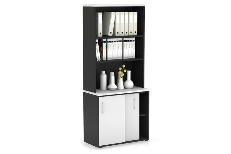 Uniform Sliding Door Credenza with Open Hutch [800W x 750H x 450D] Jasonl Black white white handle