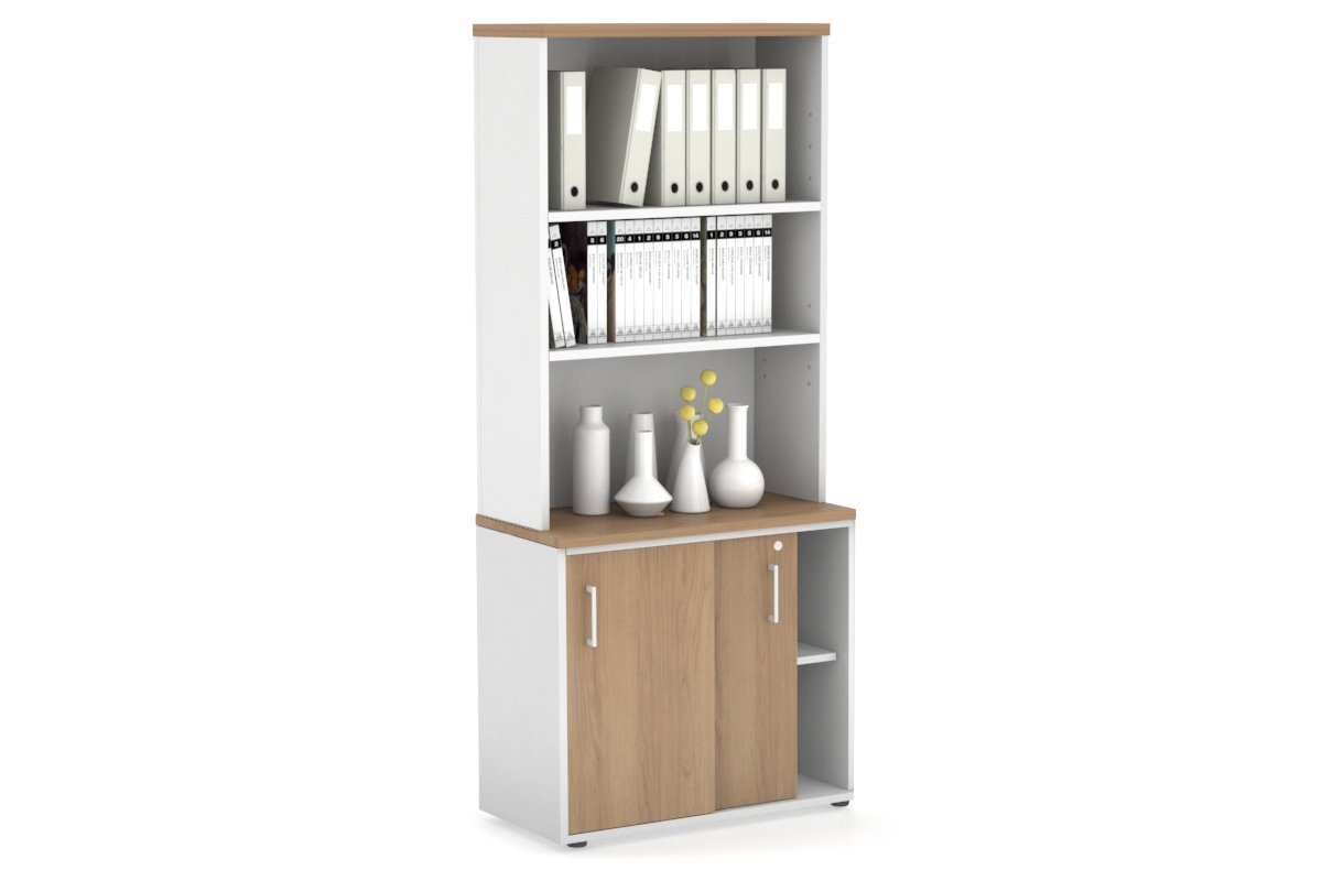 Uniform Sliding Door Credenza with Open Hutch [800W x 750H x 450D] Jasonl White salvage oak white handle