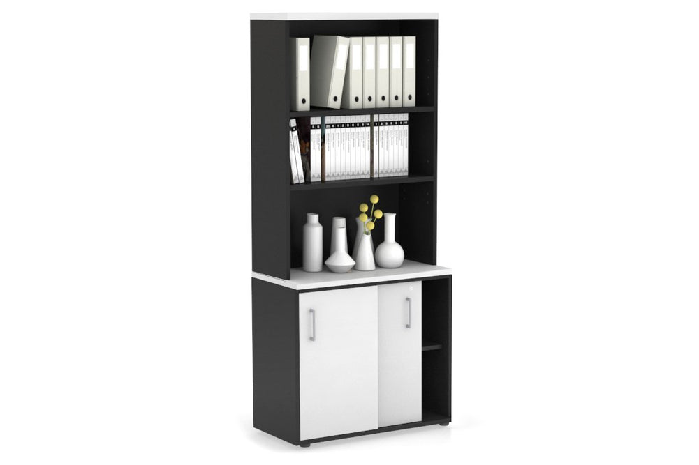 Uniform Sliding Door Credenza with Open Hutch [800W x 750H x 450D]-Black white silver handle