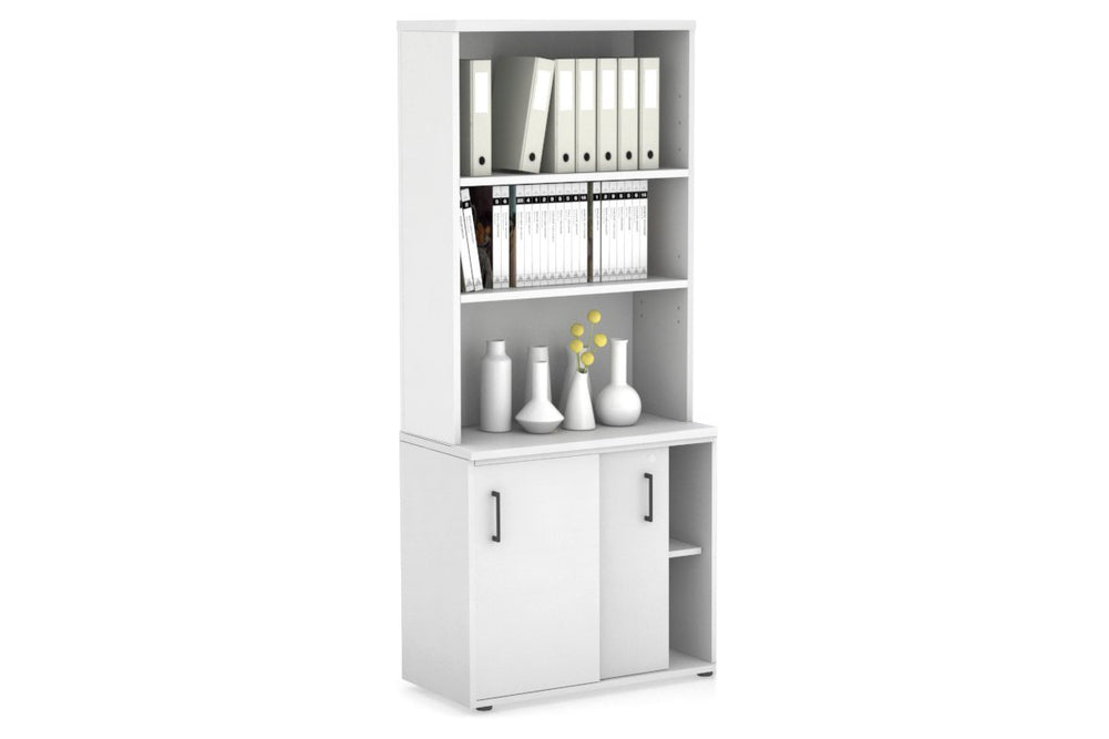 Uniform Sliding Door Credenza with Open Hutch [800W x 750H x 450D]-White white black handle