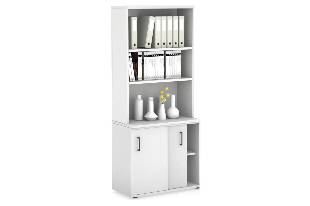 Uniform Sliding Door Credenza with Open Hutch [800W x 750H x 450D] Jasonl White white black handle