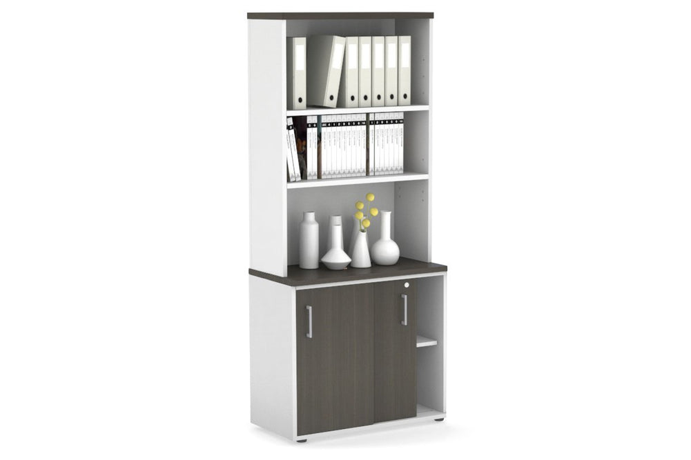 Uniform Sliding Door Credenza with Open Hutch [800W x 750H x 450D]-White dark oak silver handle