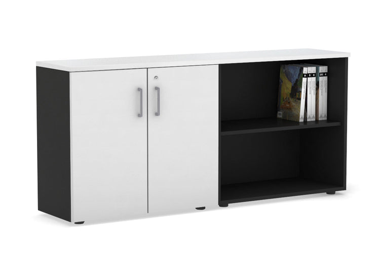 Uniform Small 2 Door and Open Storage Unit [1600W x 750H x 350D] Jasonl black carcass white silver handle