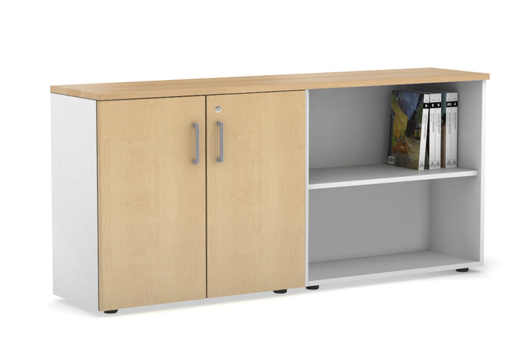 Uniform Small 2 Door and Open Storage Unit [1600W x 750H x 350D] Jasonl white carcass maple silver handle