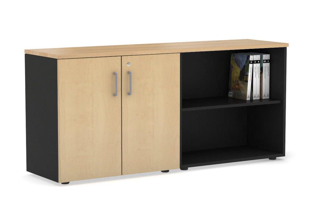 Uniform Small 2 Door and Open Storage Unit [1600W x 750H x 450D]-black carcass maple silver handle