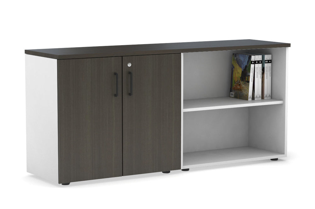 Uniform Small 2 Door and Open Storage Unit [1600W x 750H x 450D]-white carcass dark oak black handle