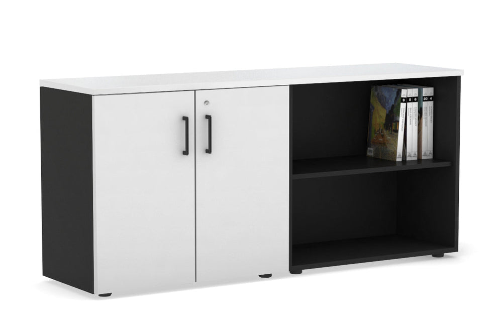Uniform Small 2 Door and Open Storage Unit [1600W x 750H x 450D]-black carcass white black handle