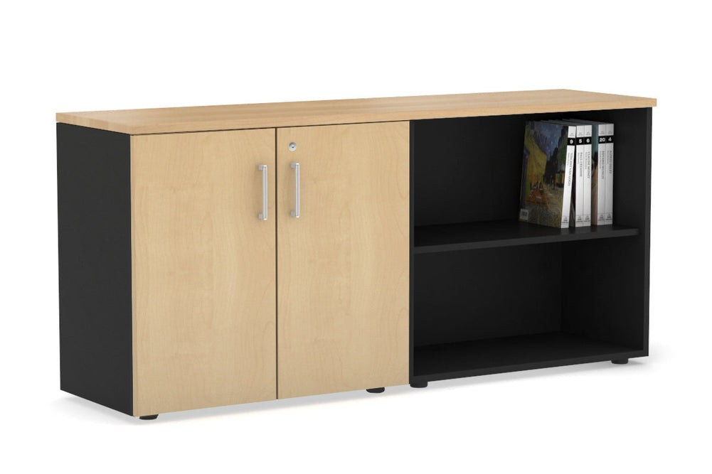 Uniform Small 2 Door and Open Storage Unit [1600W x 750H x 450D]-black carcass maple white handle
