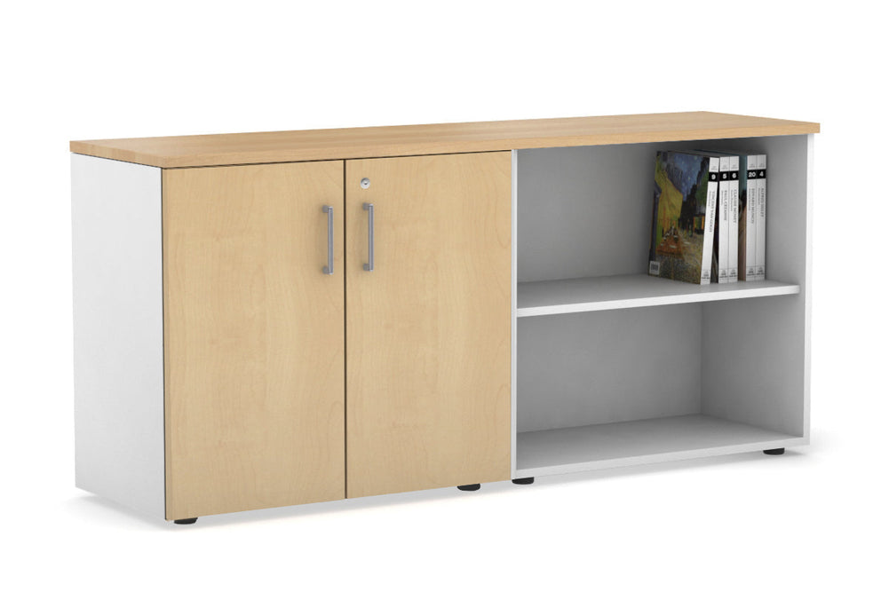 Uniform Small 2 Door and Open Storage Unit [1600W x 750H x 450D]-white carcass maple silver handle