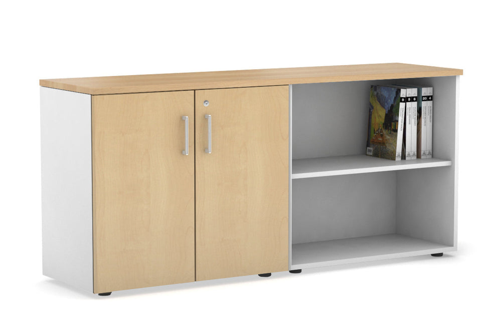 Uniform Small 2 Door and Open Storage Unit [1600W x 750H x 450D]-white carcass maple white handle