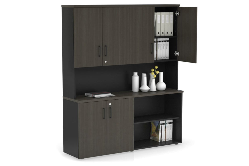 Uniform Small 2 Door and Open Storage Unit- Hutch with Doors-Black dark oak black handle