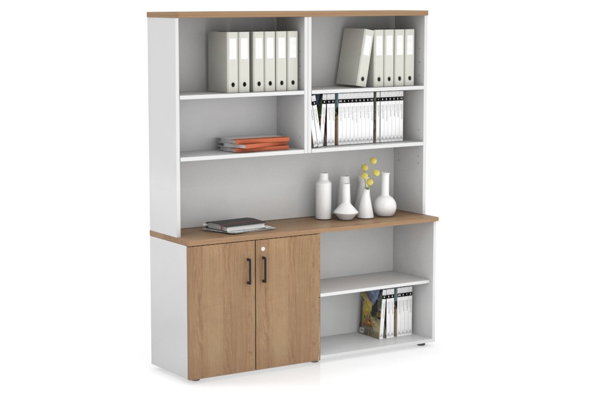 Uniform Small 2 Door and Open Storage Unit with Open Hutch Jasonl White salvage oak black handle