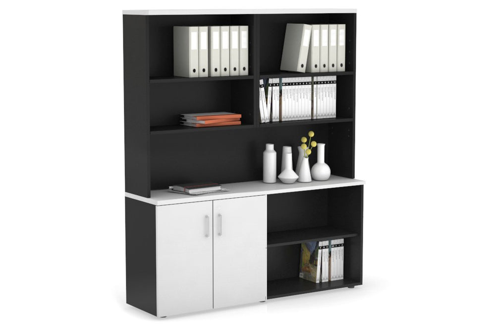Uniform Small 2 Door and Open Storage Unit with Open Hutch-Black white white handle