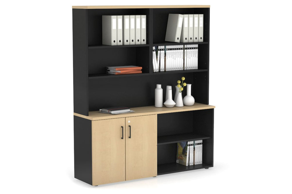 Uniform Small 2 Door and Open Storage Unit with Open Hutch-Black maple black handle
