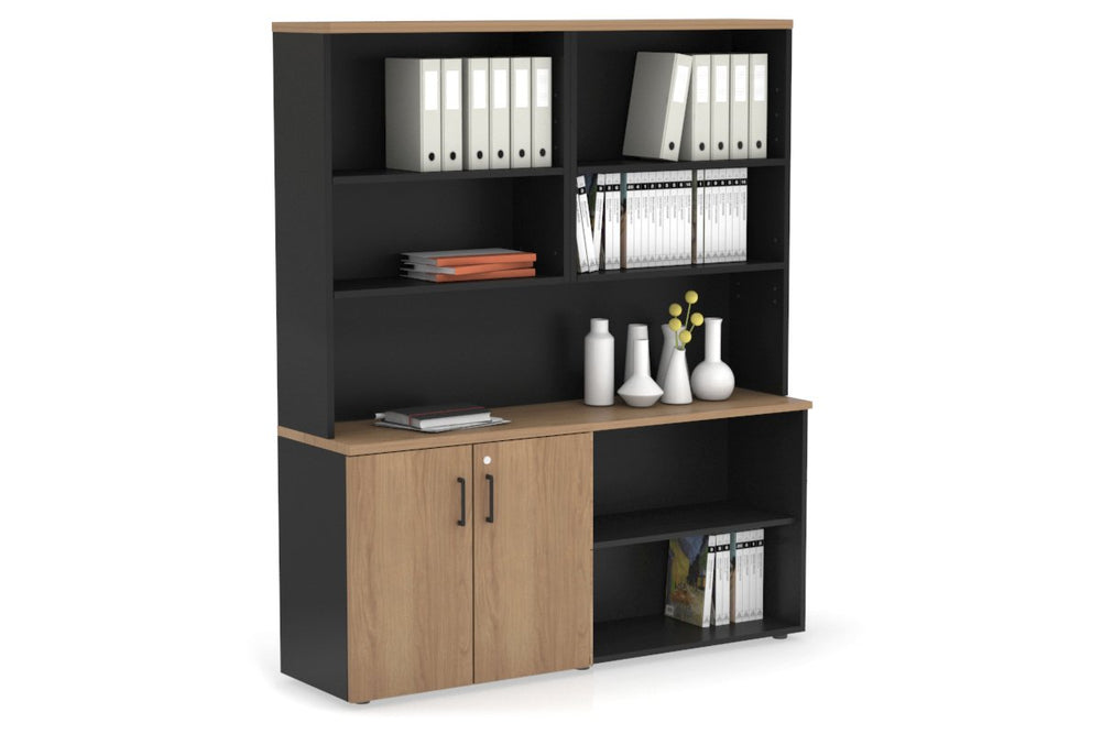 Uniform Small 2 Door and Open Storage Unit with Open Hutch-Black salvage oak black handle