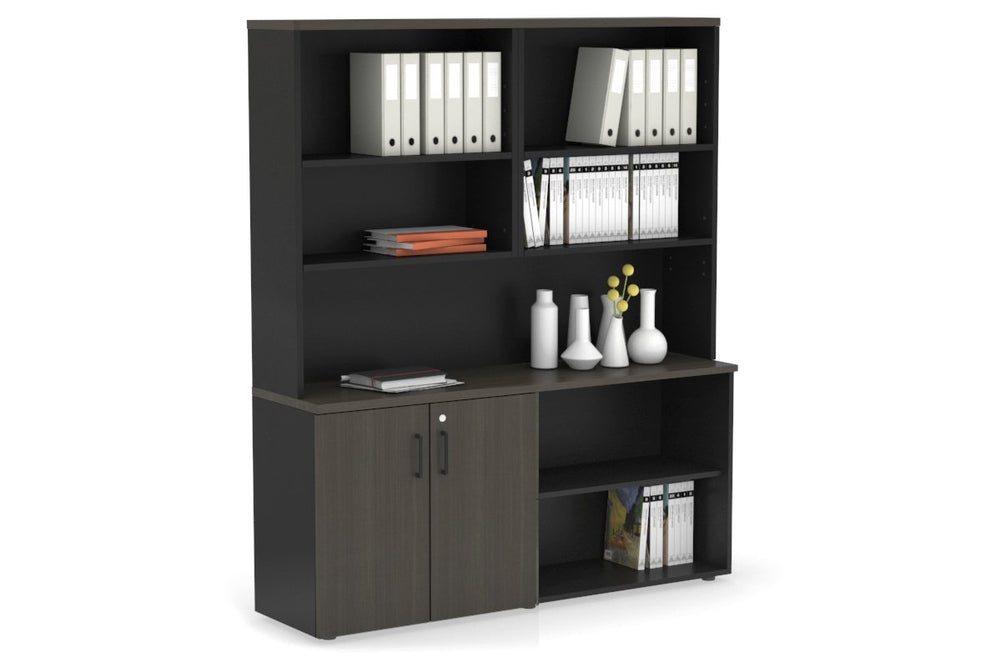 Uniform Small 2 Door and Open Storage Unit with Open Hutch-Black dark oak black handle