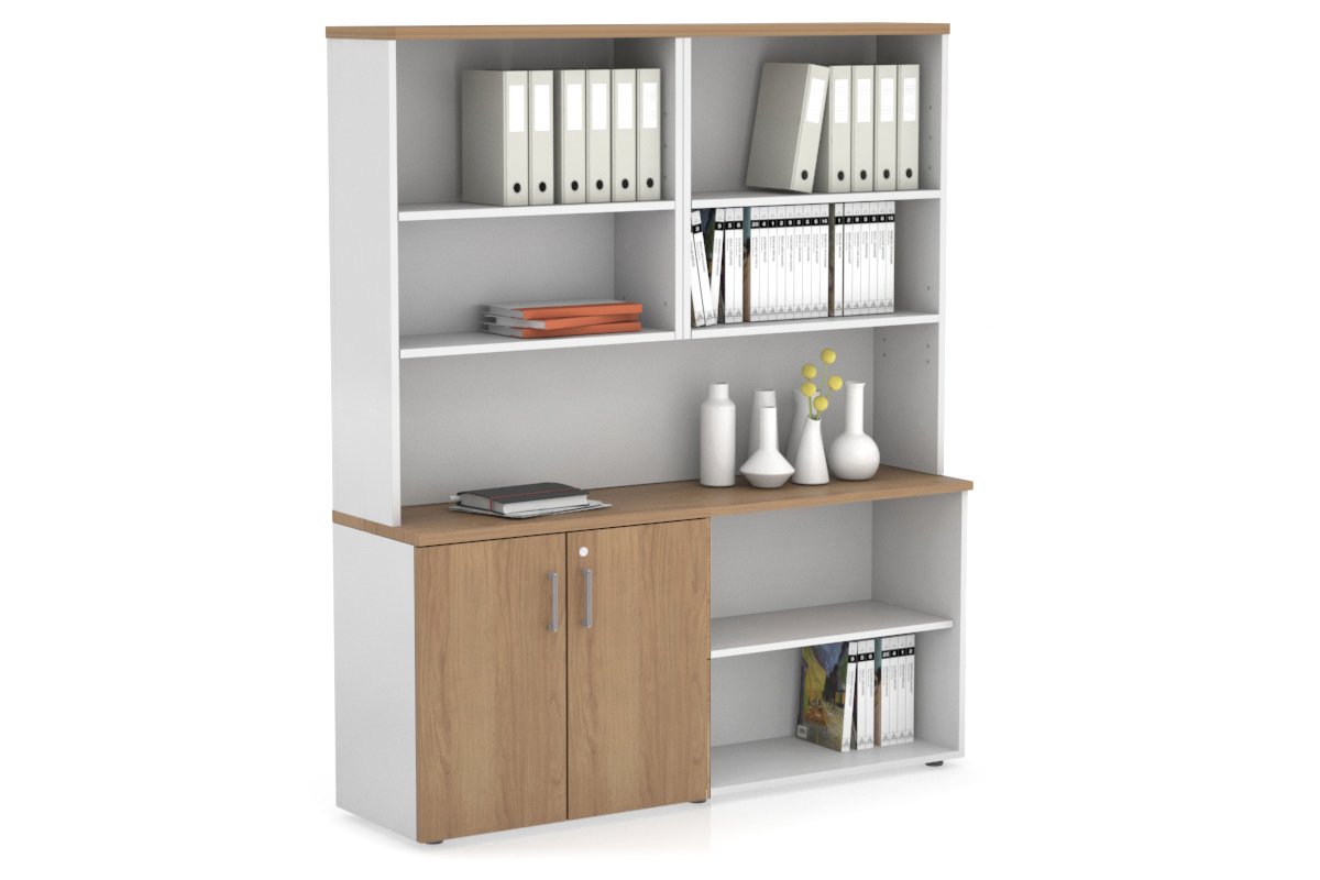 Uniform Small 2 Door and Open Storage Unit with Open Hutch Jasonl White salvage oak silver handle