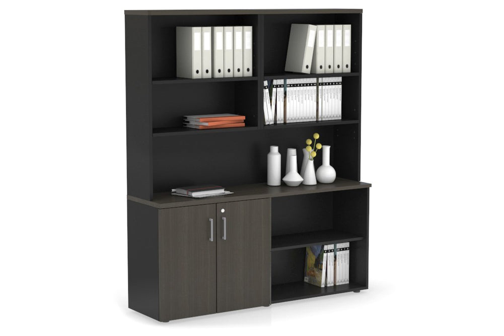 Uniform Small 2 Door and Open Storage Unit with Open Hutch-Black dark oak silver handle
