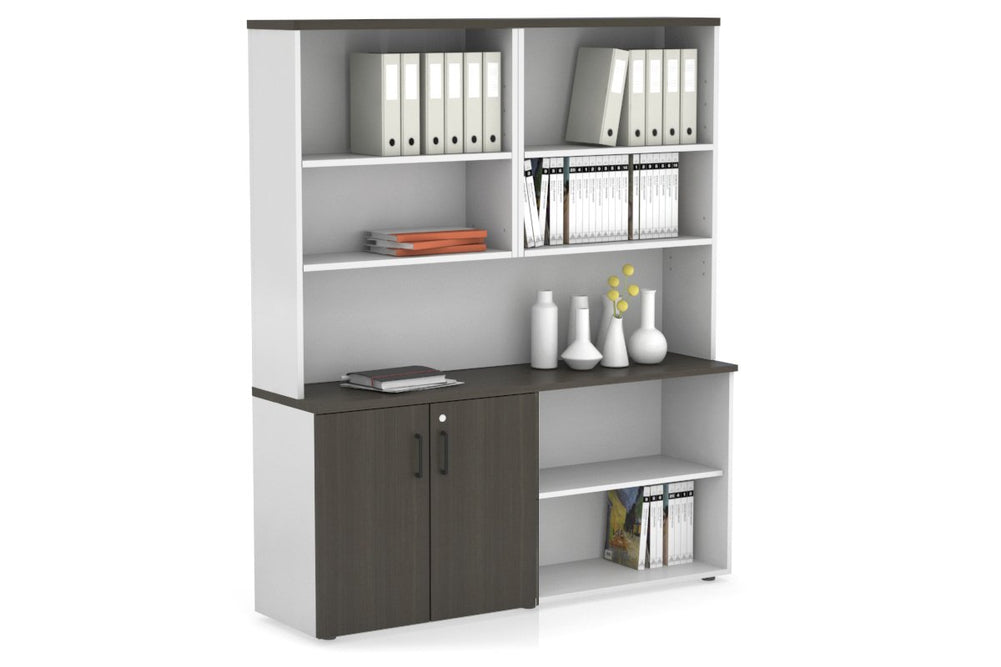 Uniform Small 2 Door and Open Storage Unit with Open Hutch-White dark oak black handle