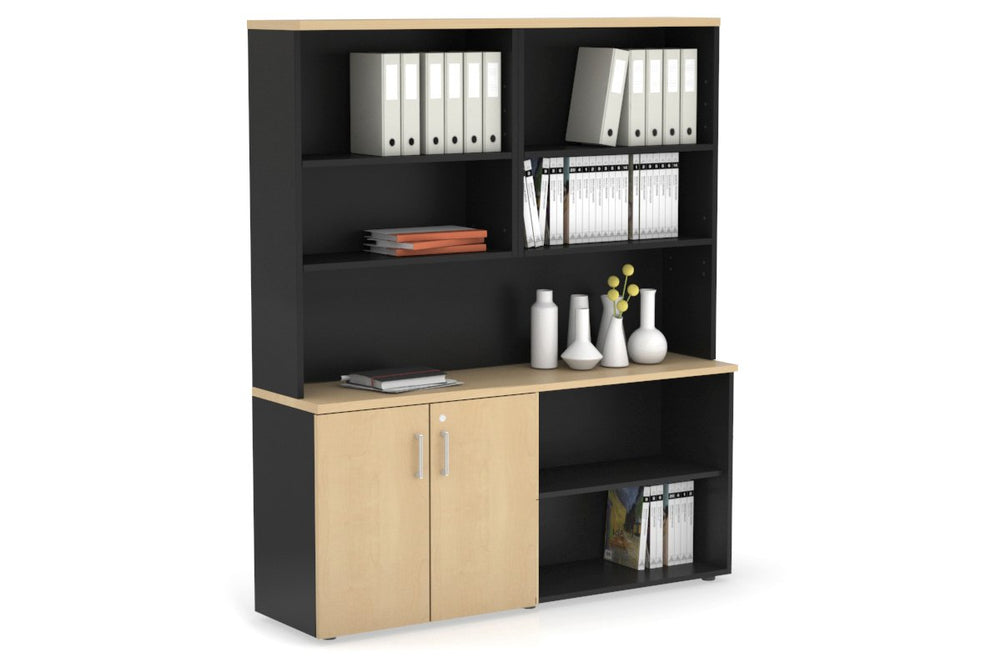 Uniform Small 2 Door and Open Storage Unit with Open Hutch-Black maple white handle