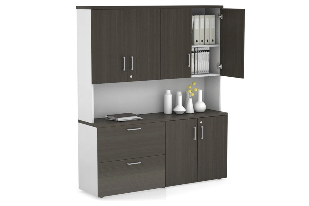 Uniform Small 2 Drawer Lateral File and 2 Door Cupboard - Hutch with Doors-White dark oak silver handle
