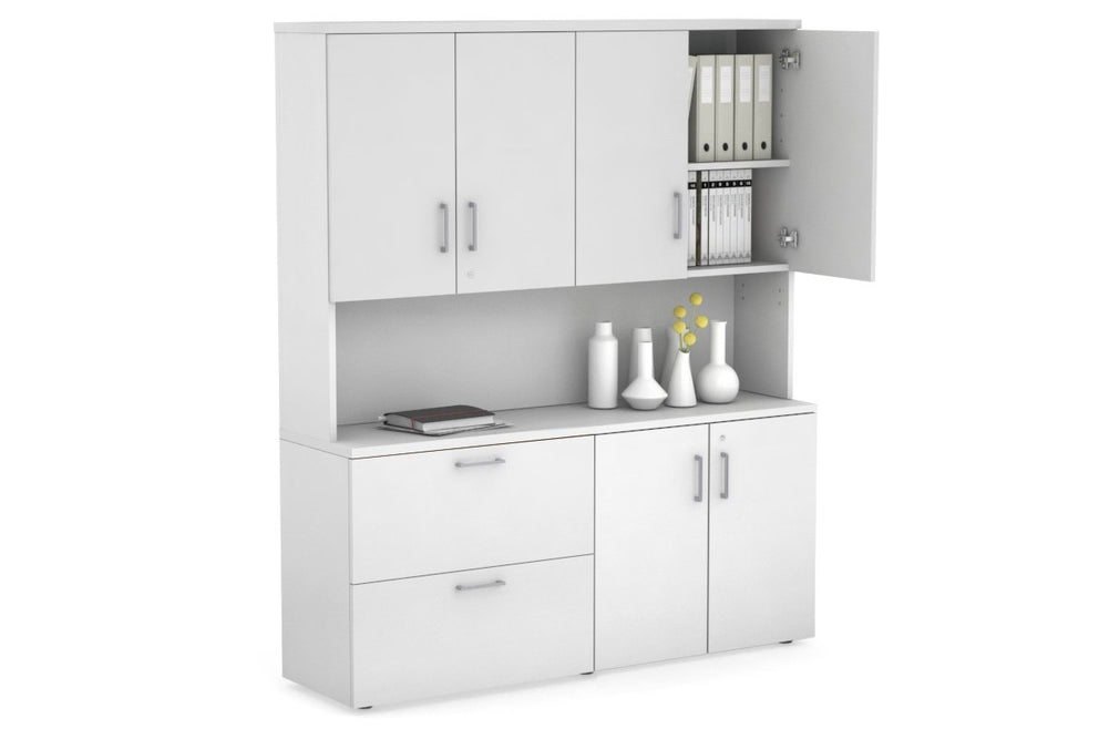Uniform Small 2 Drawer Lateral File and 2 Door Cupboard - Hutch with Doors-White white silver handle