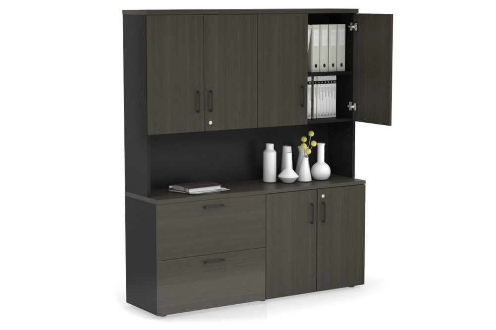 Uniform Small 2 Drawer Lateral File and 2 Door Cupboard - Hutch with Doors-Black dark oak black handle
